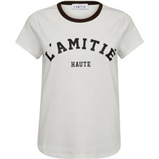 HAUTE L`AMITIÉ T-SHIRT, NECKLINE LOGO TEE, OFF WHITE/MOCCA